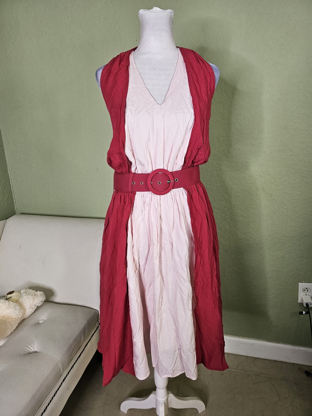 Collectif Pink and Red Sleeveless V-Neck Belted Midi Dress